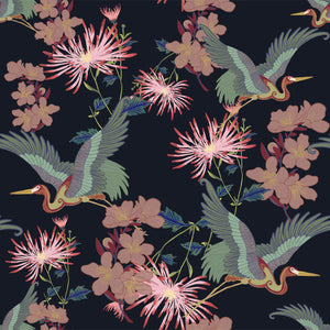 Blossom Noir wallpaper by Tatie Lou in black, roll showing blossoms and birds