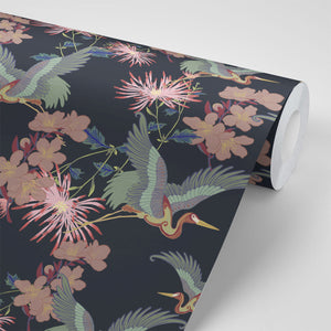 Blossom Noir wallpaper by Tatie Lou in black, full repeat of blossoms and birds