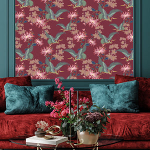 Blossom Rouge wallpaper by Tatie Lou in red, blossoms and birds in a living room