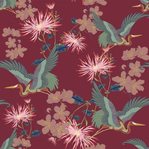 Blossom Rouge wallpaper by Tatie Lou in red, full repeat of blossoms and birds
