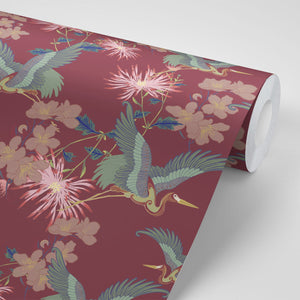 Blossom Rouge wallpaper by Tatie Lou in red, roll showing blossoms and birds