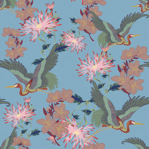 Blossom Sky wallpaper by Tatie Lou in blue, flat sample of blossoms and birds