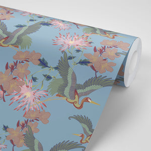 Blossom Sky wallpaper by Tatie Lou in blue, full repeat of blossoms and birds