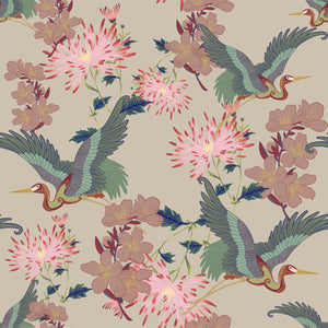 Blossom Vanilla wallpaper by Tatie Lou in beige, full repeat of blossoms and birds