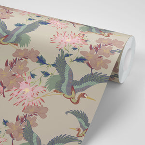 Blossom Vanilla wallpaper by Tatie Lou in beige, roll showing blossoms and birds