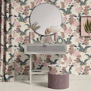 Blossom Ice Cream wallpaper by Tatie Lou in cream and pink, blossoms and birds in a bathroom