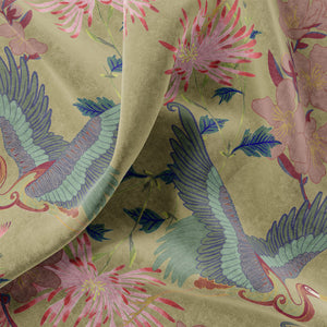 Blossom velvet by Tatie Lou in yellow, in soft folds showing blossoms and birds