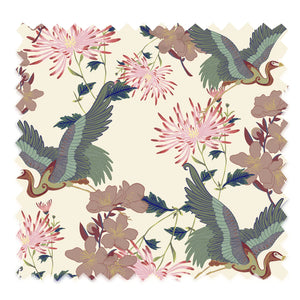 Blossom velvet by Tatie Lou in cream, pattern sample of blossoms and birds