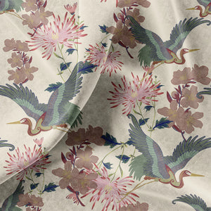 Blossom velvet by Tatie Lou in cream, draped, showing blossoms and birds