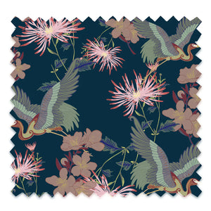 Blossom velvet by Tatie Lou in navy, full repeat of blossoms and birds