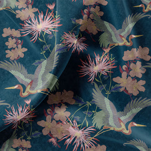 Blossom velvet by Tatie Lou in navy, draped, showing blossoms and birds