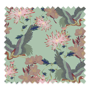 Blossom velvet by Tatie Lou in mint green, flat sample of blossoms and birds