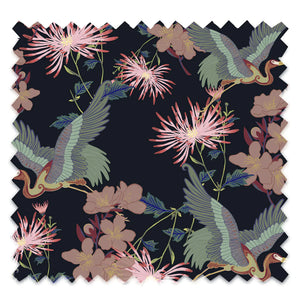 Blossom velvet by Tatie Lou in black, flat sample of blossoms and birds