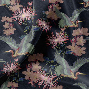 Blossom velvet by Tatie Lou in black, in soft folds showing blossoms and birds
