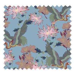 Blossom velvet by Tatie Lou in blue, pattern sample of blossoms and birds