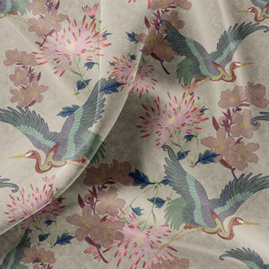 Blossom velvet by Tatie Lou in cream, flat sample of blossoms and birds
