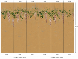 Blossom Veil wallpaper by Dami and Em Design in ochre, pattern sample of trailing blossom garlands
