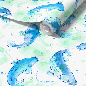 Shoal of Fish wallpaper by Seed Home Designs in blue and green, draped, showing watercolour fish