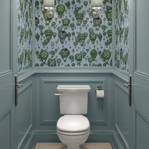 Hot Air Balloons wallpaper by Dami and Em Design in blue, hot-air balloons in a bathroom