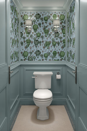 Hot Air Balloons wallpaper by Dami and Em Design in blue, hot-air balloons in a bathroom