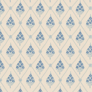 Agra wallpaper by Annika Reed in blue, full repeat of block-print flowers in a trellis
