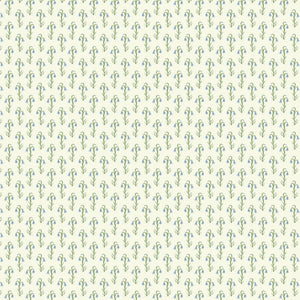 Bluebell wallpaper by Annika Reed in cream and green, full repeat of tiny bluebell sprigs