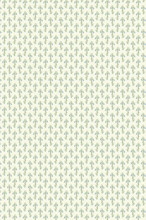 Bluebell wallpaper by Annika Reed in cream and green, full repeat of tiny bluebell sprigs