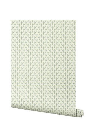 Bluebell wallpaper by Annika Reed in cream and green, roll showing tiny bluebell sprigs