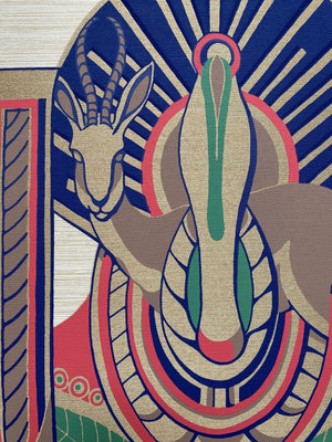 Blues Fantasia wallpaper by The Monkey Puzzle Tree in blue and red, pattern sample of an art deco musician motif