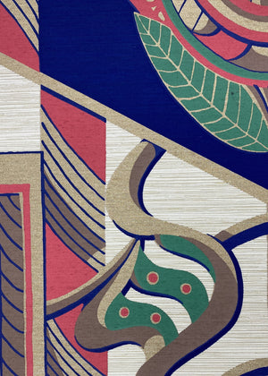 Blues Fantasia wallpaper by The Monkey Puzzle Tree in blue and red, close-up of an art deco musician motif