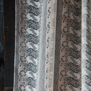 Body Lace voile fabric by The Monkey Puzzle Tree in pink, a lace body print made into curtains
