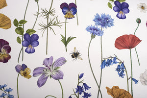 Botanica wallpaper by Victoria Sanders in white, flat sample of wildflowers and poppies