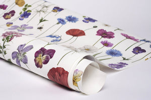Botanica wallpaper by Victoria Sanders in white, sample roll showing wildflowers and poppies