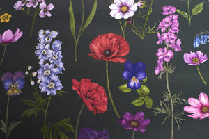 Botanica wallpaper by Victoria Sanders in green, flat sample of wildflowers and poppies