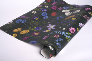 Botanica wallpaper by Victoria Sanders in green, roll showing wildflowers and poppies