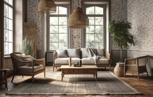 Papilio wallpaper by Victoria Sanders in green, a mirrored butterfly design in a living room