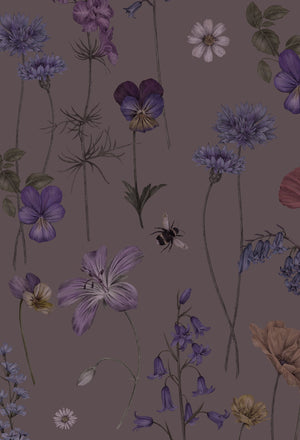 Botanica wallpaper by Victoria Sanders in mulberry, flat sample of wildflowers and poppies