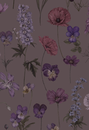 Botanica wallpaper by Victoria Sanders in mulberry, full repeat of wildflowers and poppies