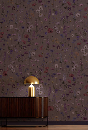 Botanica wallpaper by Victoria Sanders in mulberry, wildflowers and poppies above a cabinet