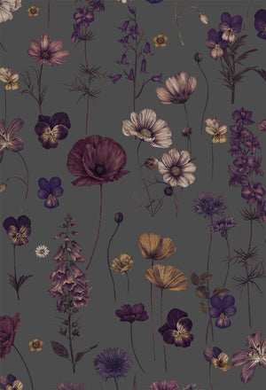 Botanica wallpaper by Victoria Sanders in dark grey, flat sample of wildflowers and poppies