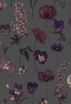 Botanica wallpaper by Victoria Sanders in dark grey, full repeat of wildflowers and poppies