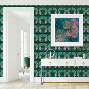 Boucle wallpaper by Tatie Lou in green, bold retro rings in a living room