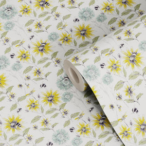 Bumblebee and Flora wallpaper by Seed Home Designs in yellow and green, roll showing bumblebees and sunflowers