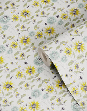 Bumblebee and Flora wallpaper by Seed Home Designs in yellow and green, roll showing bumblebees and sunflowers