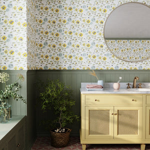 Bumblebee and Flora wallpaper by Seed Home Designs in yellow and green, bumblebees and sunflowers in a bathroom