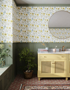 Bumblebee and Flora wallpaper by Seed Home Designs in yellow and green, bumblebees and sunflowers in a bathroom