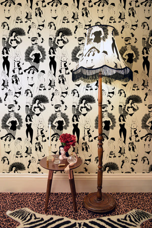 Burlesque wallpaper by Dupenny in black and white, burlesque dancers in a styled room setting