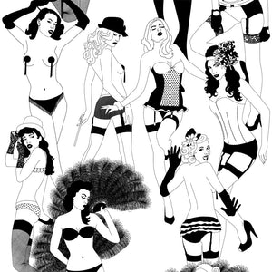 Burlesque wallpaper by Dupenny in black and white, full repeat of burlesque dancers