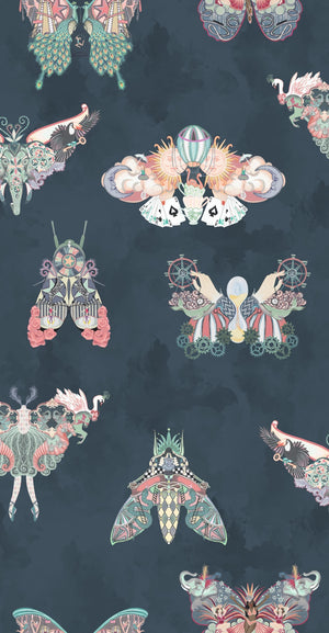 Butterfly Effect wallpaper by Brand McKenzie in navy, close view of butterflies and moths