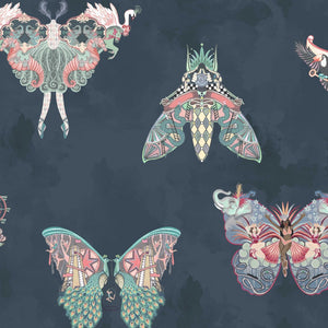 Butterfly Effect wallpaper by Brand McKenzie in navy, pattern detail of butterflies and moths